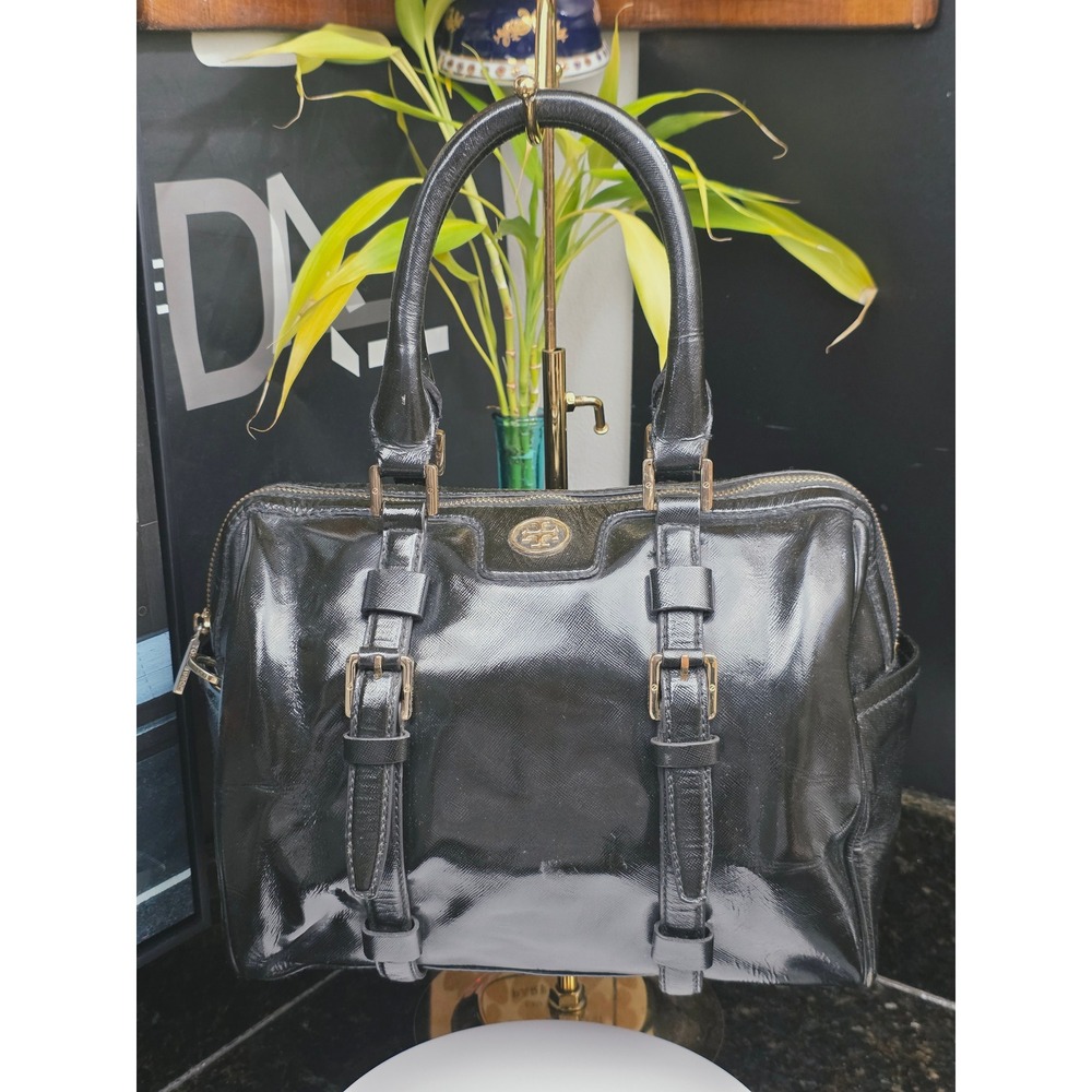 Tory Burch Satchel Bag Black Patent Leather Gold Buckle Professional Classic